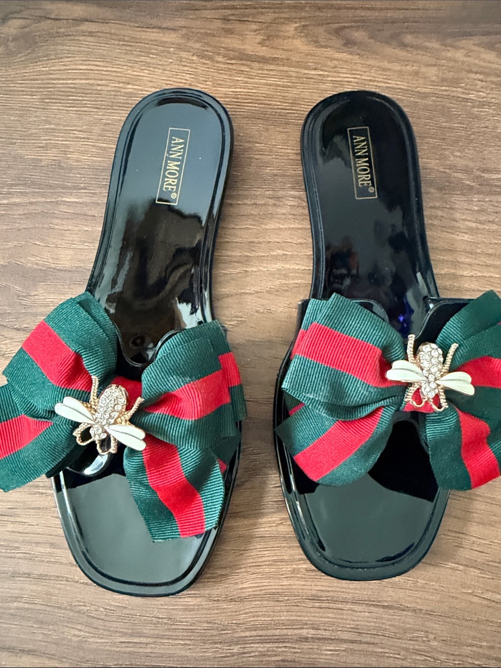 Black Slide Sandals with Green and Red Bow Accent